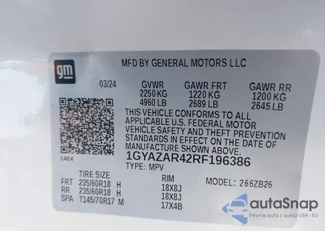 2024 Cadillac Xt4 Fwd Luxury z USA, uszkodzony, nr VIN 1GYAZAR42RF196386